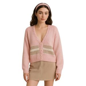 JJ FARGO 90s‎ Hand Knit Cardigan Bubblegum Pink Striped Chunky Preppy Sweater L